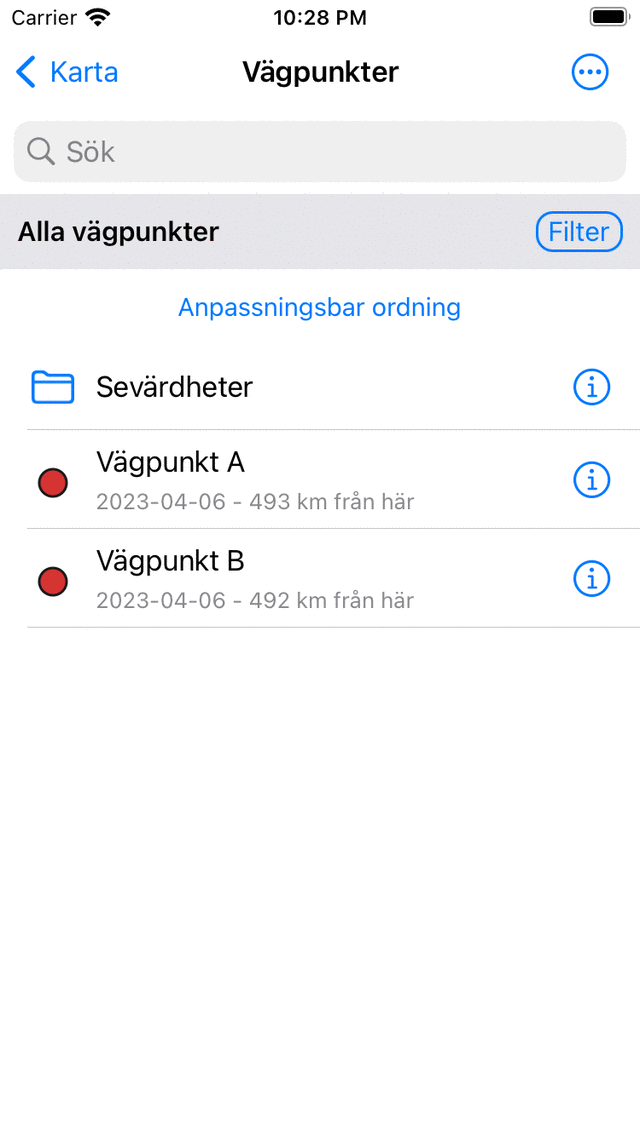 Waypoints skärm Topo GPS