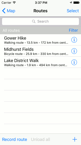 Routes screen Topo GPS
