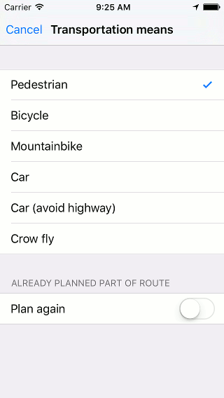 Vervoersmiddel routeplanner Topo GPS kiezen