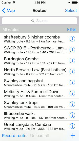 Searching routes and waypoints Topo GPS