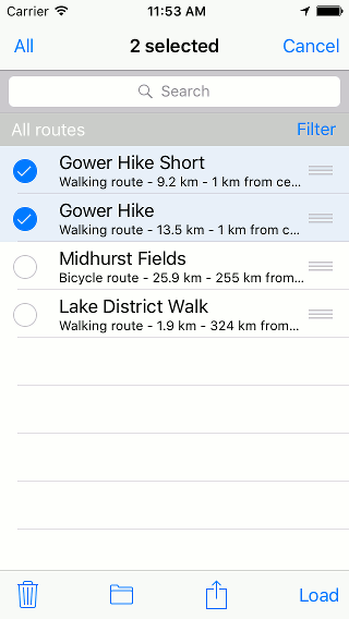 Selecting routes and waypoints Topo GPS